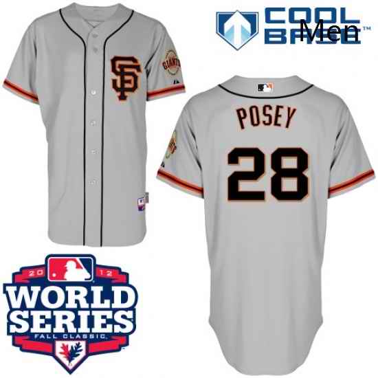 Mens Majestic San Francisco Giants 28 Buster Posey Authentic Grey Road 2 Cool Base 2012 World Series Patch MLB Jersey
